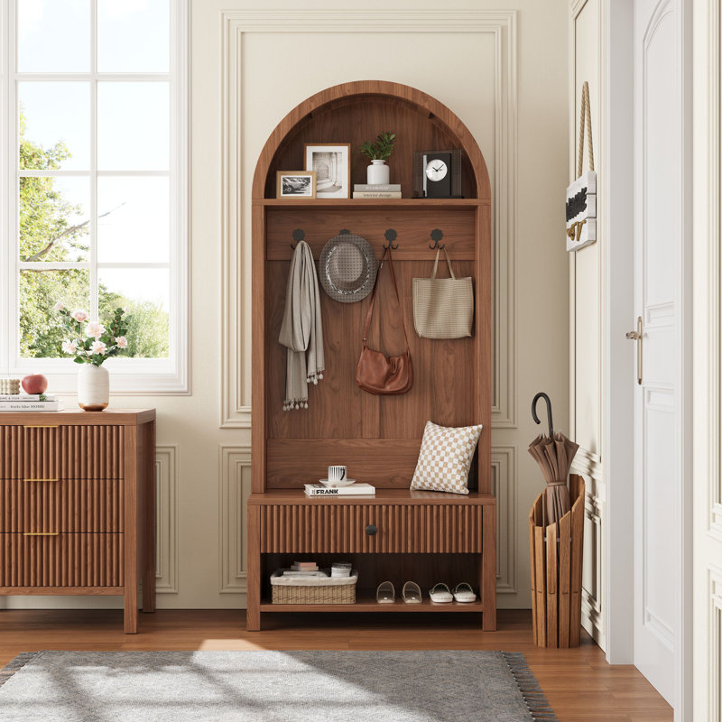 Hall Tree 31.5'' Wide With Bench And Shoe Storage, Walnut
