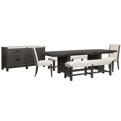 Table de salle à manger rectangulaire avec 2 bancs, 3 chaises d'appoint et un buffet
