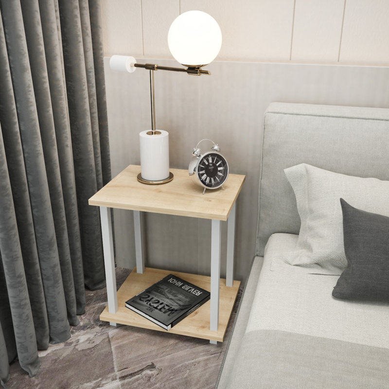Table de chevet moderne avec tablette inférieure Calvester, Blanc / Chêne