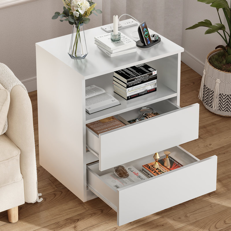 Ensemble de table de chevet avec 2 tiroirs et prises intégrées, Blanc