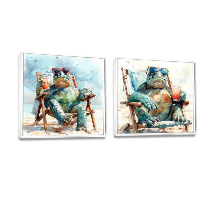 «Turtle Beach Day In The Sun I» - art mural animaux côtiers - art mural nautique sur toile 2 pièces, 36" H x 73" W, White