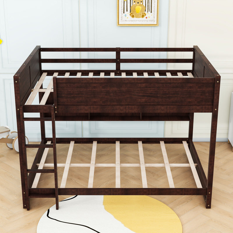 Queen Over Queen Bunk Bed With Storage Cabinets And USB, Brown