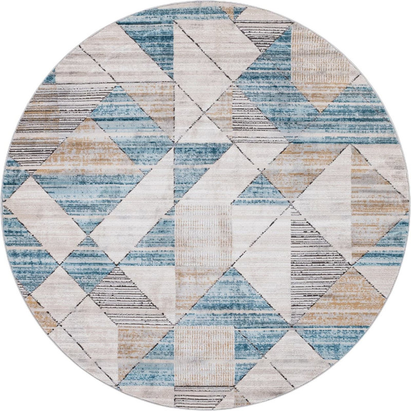  Tapis géométrique beige / bleu, Rond 7 pi 1 po