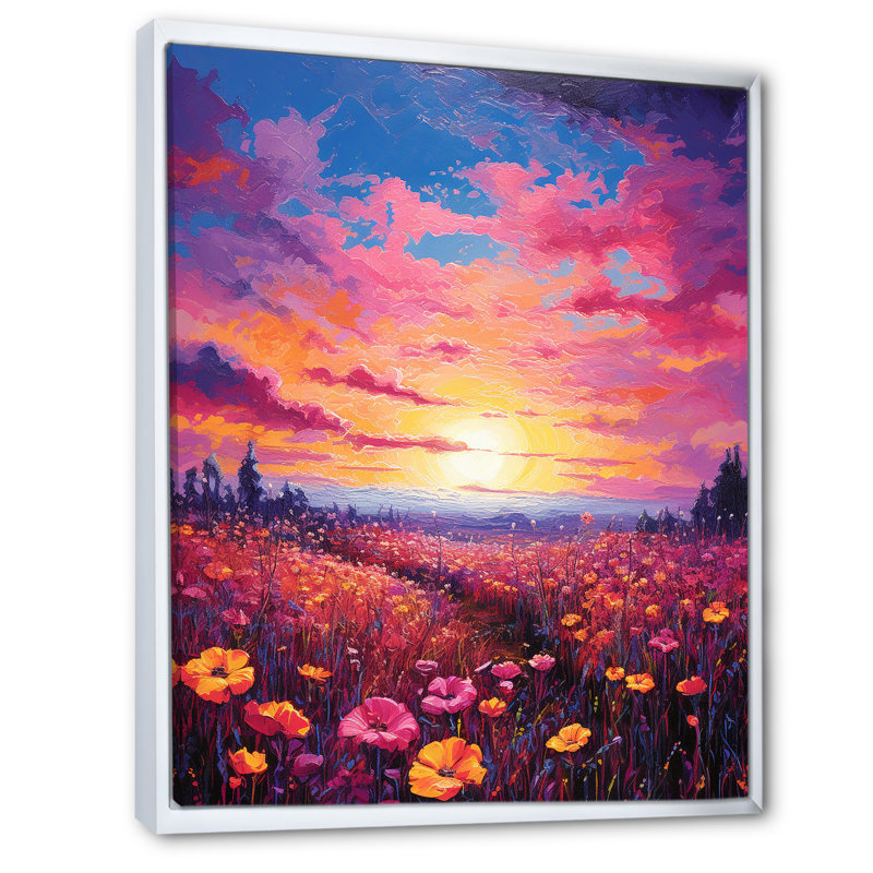 Impression sur toile «Full Moon Magic Over Blossoming Flower Meadows I», 40" H x 30" W, Cadre flottant blanc