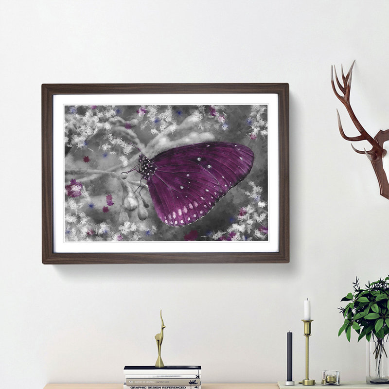 Butterfly Upon A Flower Painting - Single Picture Frame Print on MDF, Walnut, 33cm H x 45cm W x 2cm D