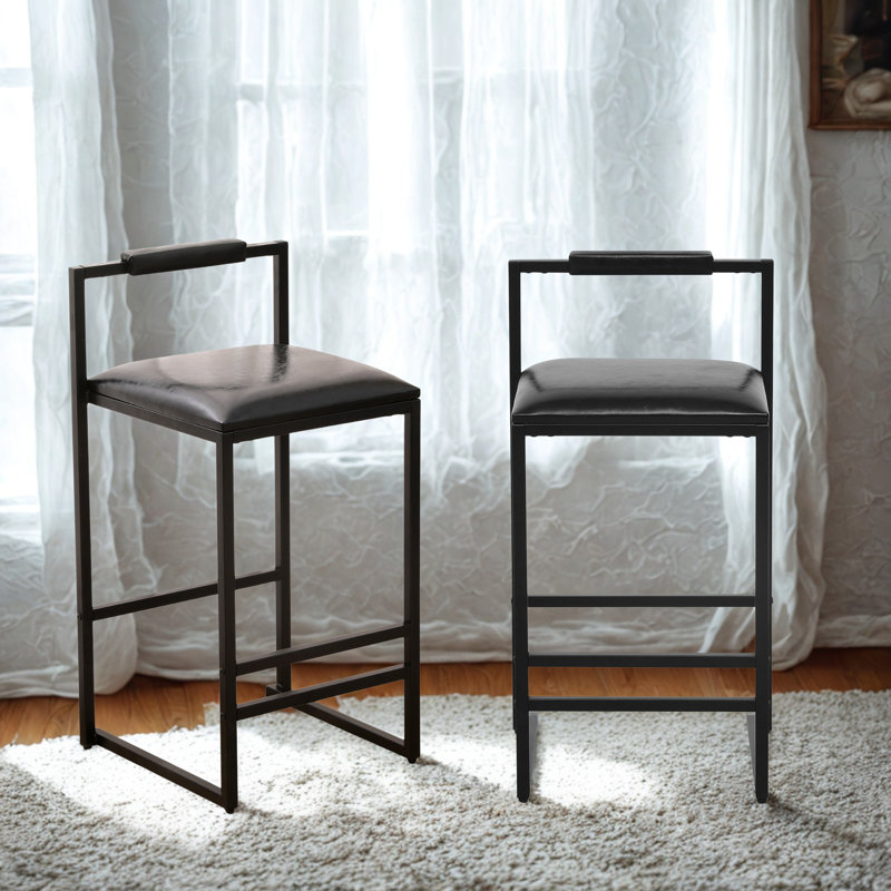 Ensemble de tabourets de bar noirs élégants avec dossier et repose-pieds, revêtement en similicuir, structure en fer, hauteur du comptoir