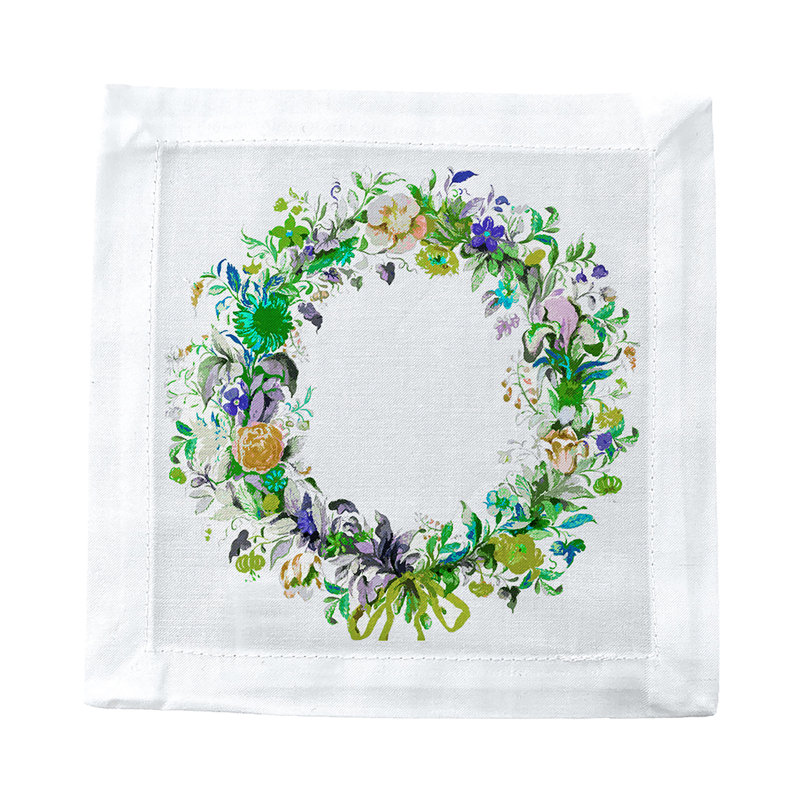 Wreath Flowers Hemstitch Cocktail 6" Linen/Cotton Napkin, Green