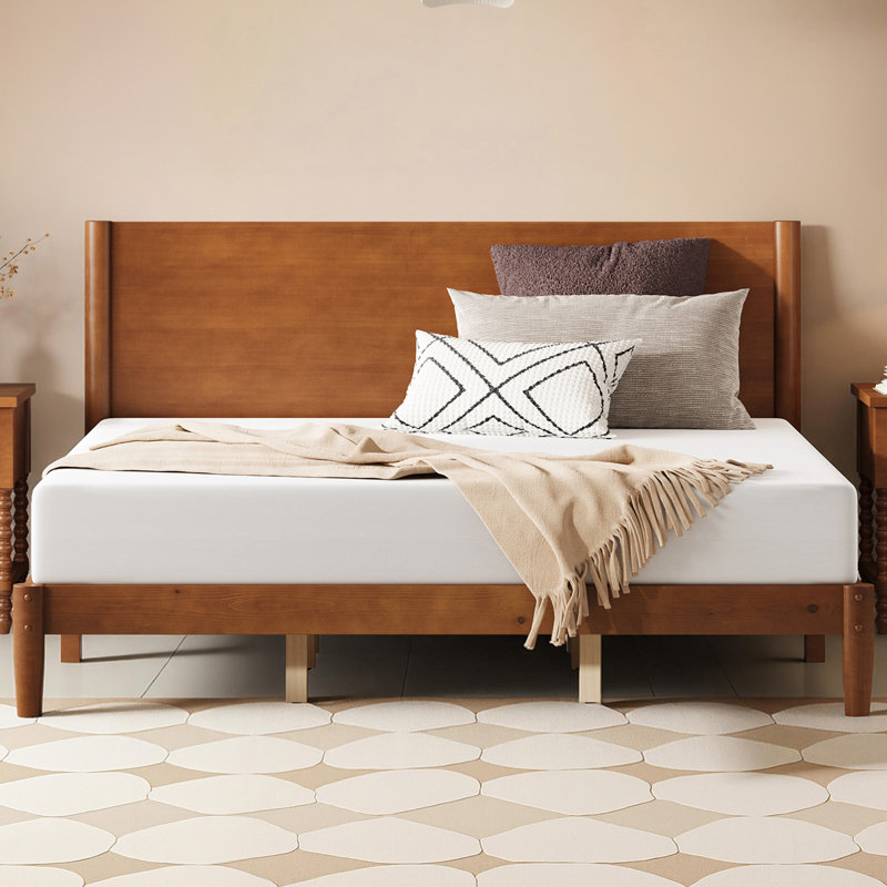 Mid Century Solid Wood Platform King Bed Frame With Wood Slat Support, Brown, Brown, King