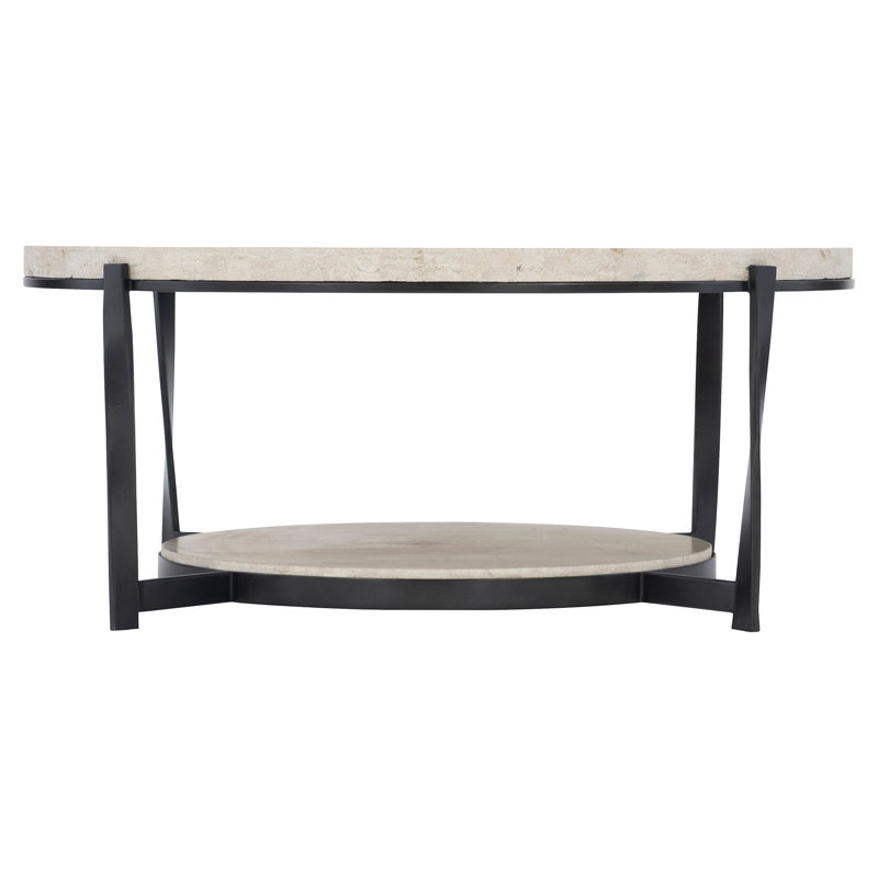 Transitional Beige & Black Round Wood Coffee Table with Storage