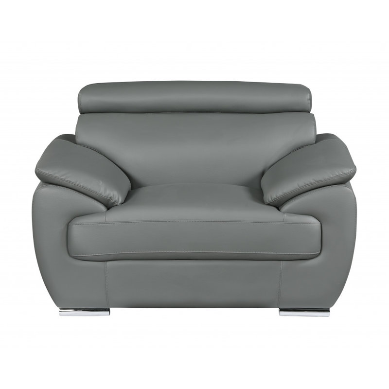  Chaise et demi en cuir véritable gris avec accents argentés, Gris