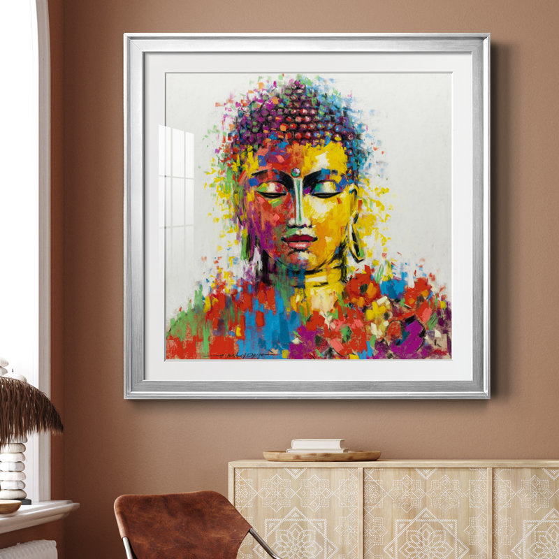 Bouddha - peinture encadrée, H 30,5 po x l 30,5 po x P 1,5 po, Papier avec cadre argenté