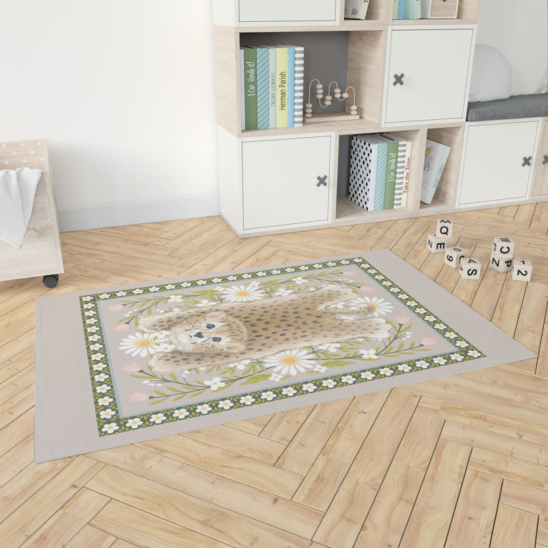 Lil Lying Leopard Flowers Kids Play Mat, Taupe, Rectangle 5' x 7'