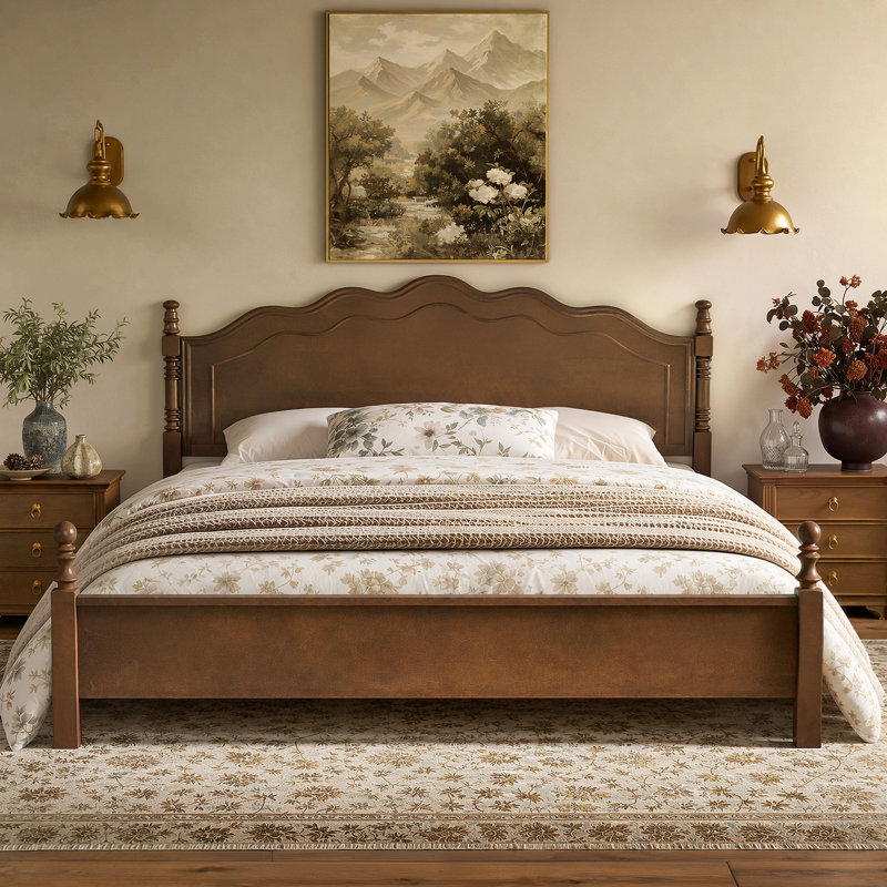 Structure de lit très grand, lit en bois de style américain rétro classique avec tête de lit courbée, cadre de lit plateforme avec support solide, aucun sommier requis, mobilier de chambre traditionnel