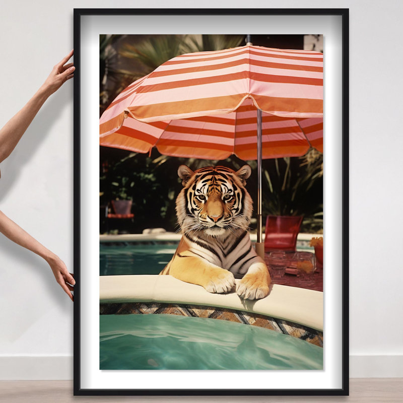 Oliver Gal Poolside Tiger Encounter Coastal - Luxury Shadowbox Framed Wall Art, 55.5" H x 37.5" W, Black