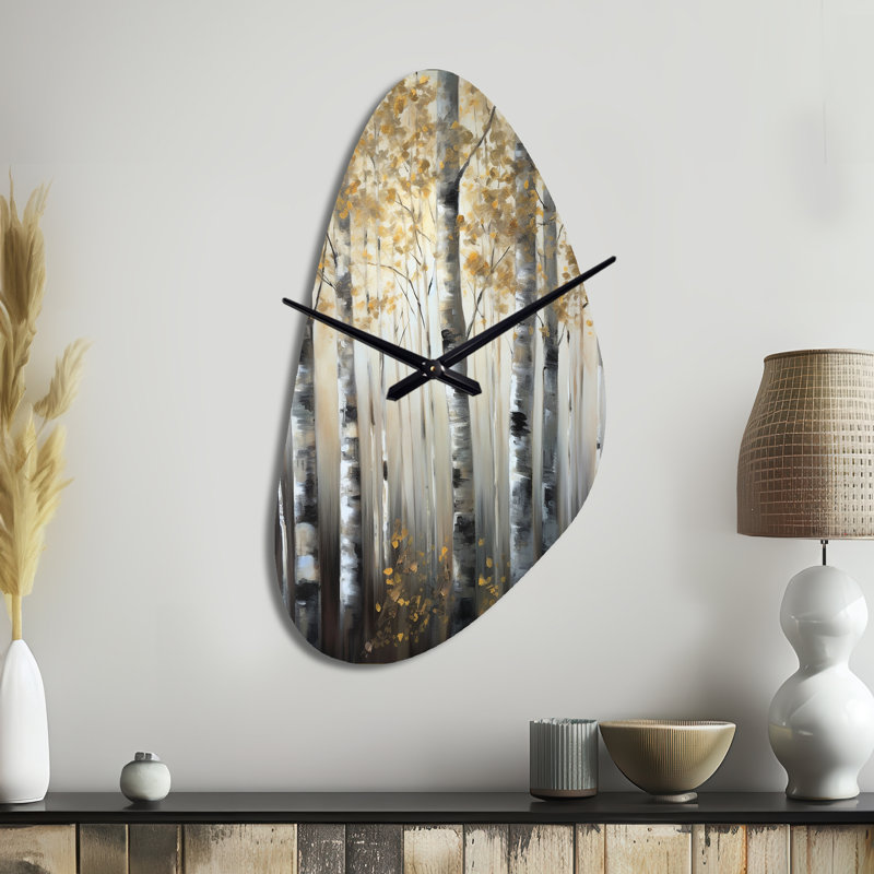 Birch Tree Forest Wonderland V - Fall Shape Large Grey Wall Clock - Unique Shape, Grand