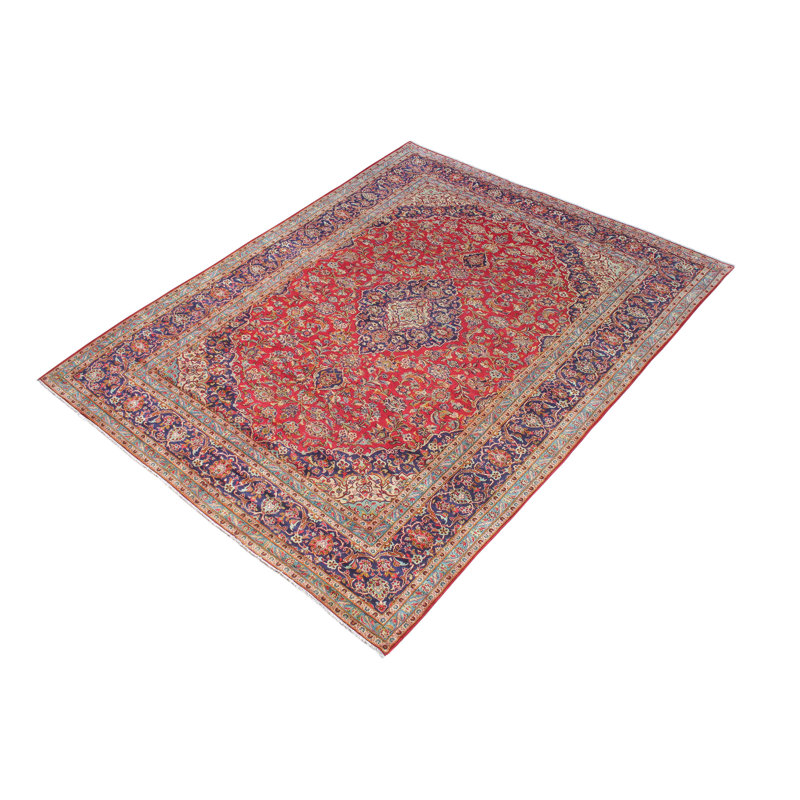 Tapis rouge vintage en laine noué à la main Kashan Wallace - 9 pi 11 po x 15 pi 1 po