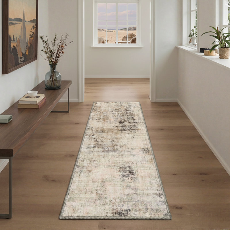 Mignone Modern Distressed Abstract Machine Washable Beige / Grey Indoor Area Rug with Non-Slip Backing, Runner 2'3" x 6'