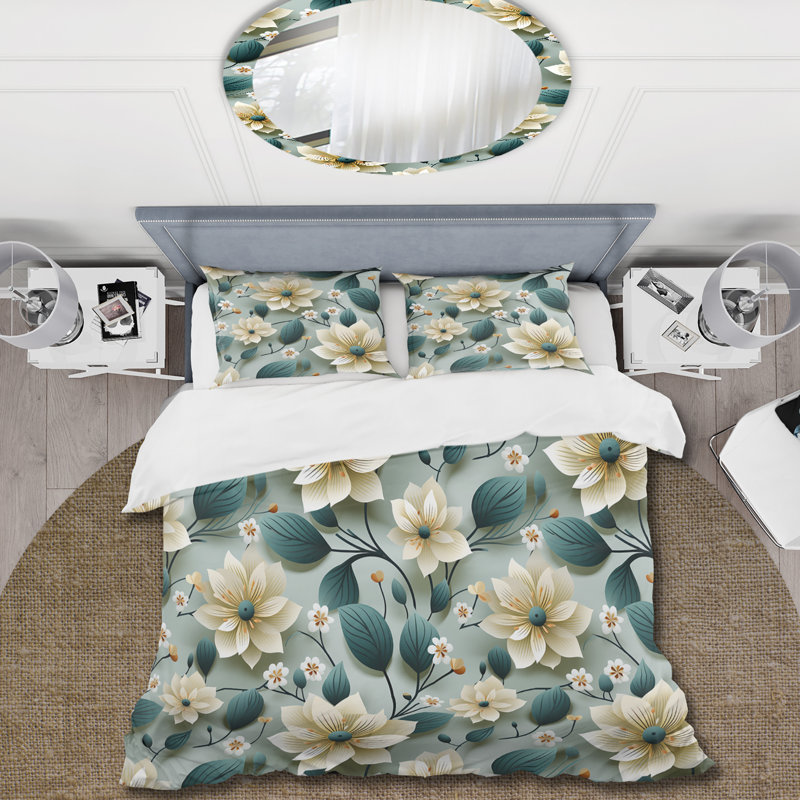 Teal & Ivory Coastal Elegance Floral Pattern - Ensemble de housse de couette à motif floral