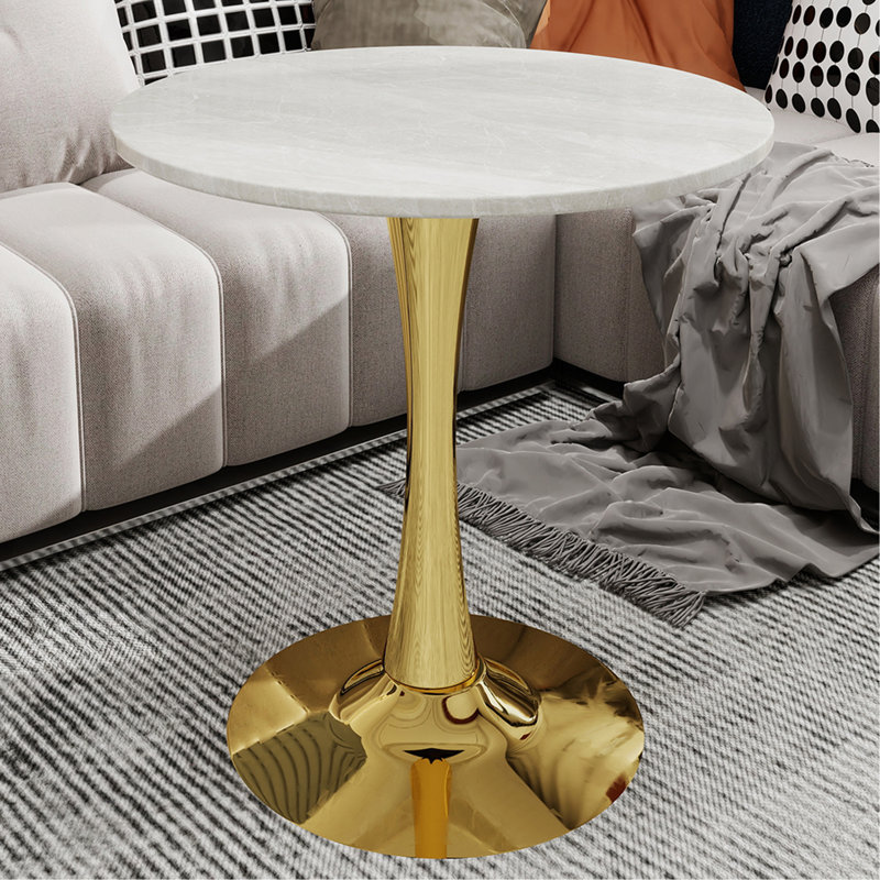 Table basse de 27,6 pouces de style Mid-Century moderne, pouvant accueillir de 2 à 4 personnes, avec un plateau de table rond en marbre, convient à divers environnements.