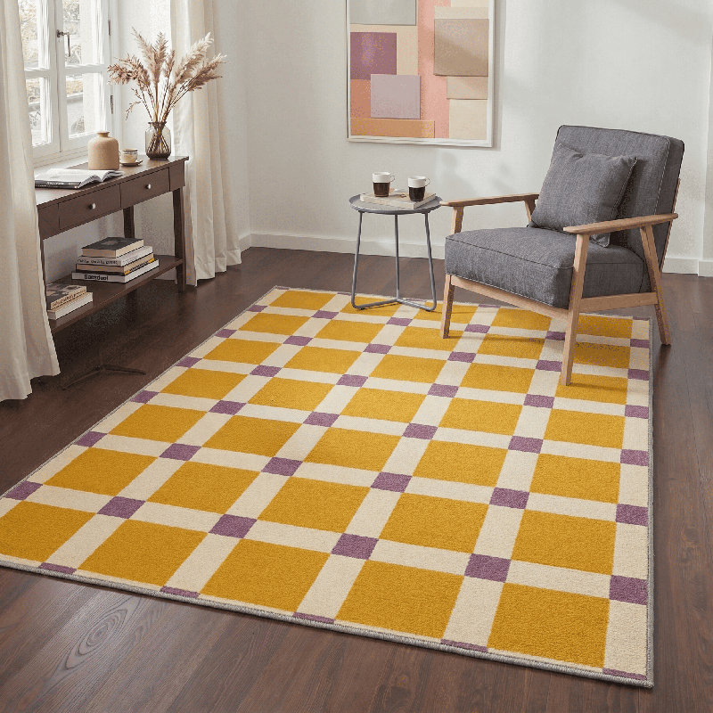 Coady Modern Geometric Machine Washable Mustard/Beige/Purple Indoor Area Rug with Non-Slip Backing, Rectangle 5' x 7'