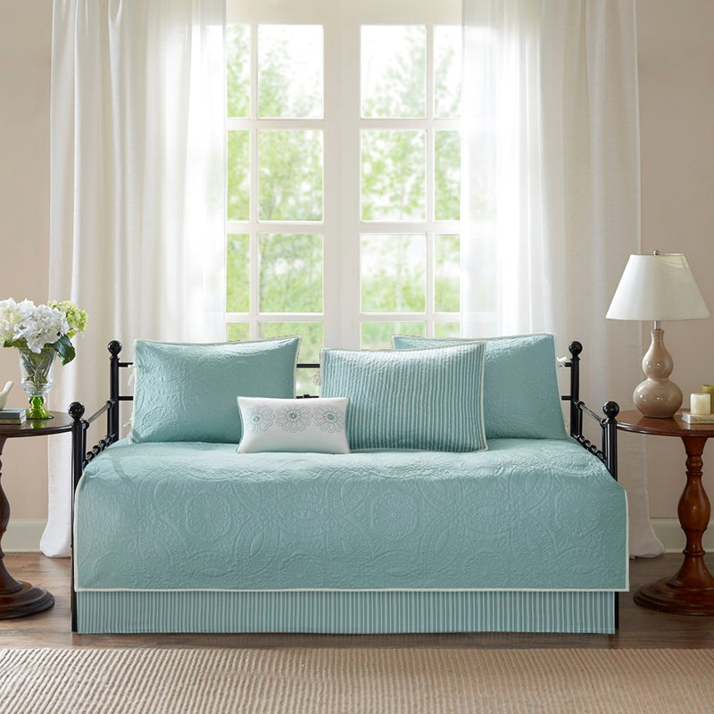 Housse de lit de jour réversible bleue, 6 pièces, taille simple, motif médaillon, avec housse, 3 taies décoratives et coussin décoratif, médaillon réversible, 12 x 18