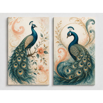 Grand ensemble de 2 paon élégants, art mural, volutes, oiseaux, impressions sur toile, campagne française, impression sur toile 16 x 24 pouces - prêt à être accroché