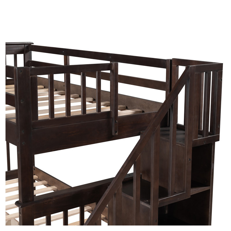 Lit superposé simple au-dessus de simple avec trois tiroirs de rangement, structure en bois massif espresso Stairway