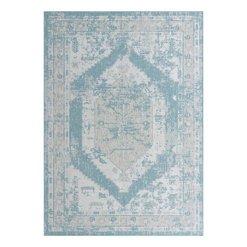 Tapis intérieur / extérieur en polypropylène tissé à la machine oriental bleu / gris, Rectangle 10 pi x 14 pi