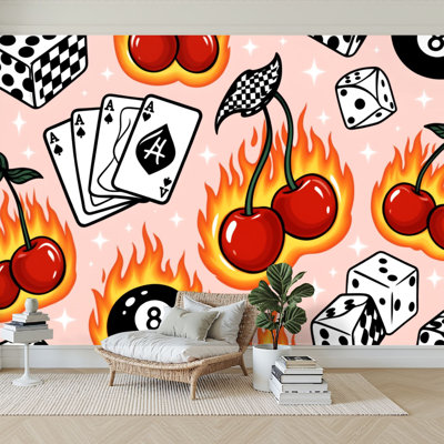 Peel and Stick Wallpaper 96" W x 69" H Modern Self Adhesive Wall Mural for Bedroom Retro Casino Gambling Flaming Cherries Dice Playing Cards