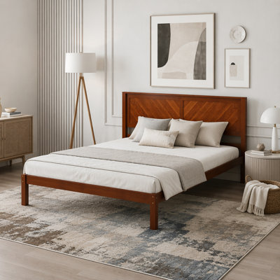 Solid Wood Platform Bed Frame with Herringbone Wood Headboard, Farmhouse Chevron Panel Bed, Under Bed Storage Clearance, No Box Spring Needed