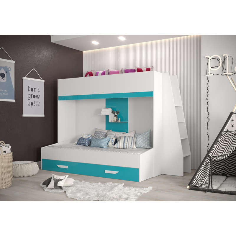 Bunk Bed with Storage Included, White/Turquoise, 95 x 200 cm