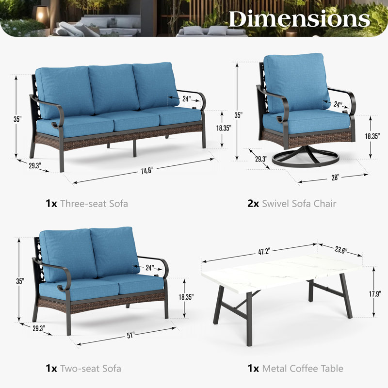 7-Person Patio Conversation Set With Loveseat & Swivel Lounge Chairs, Denim Blue