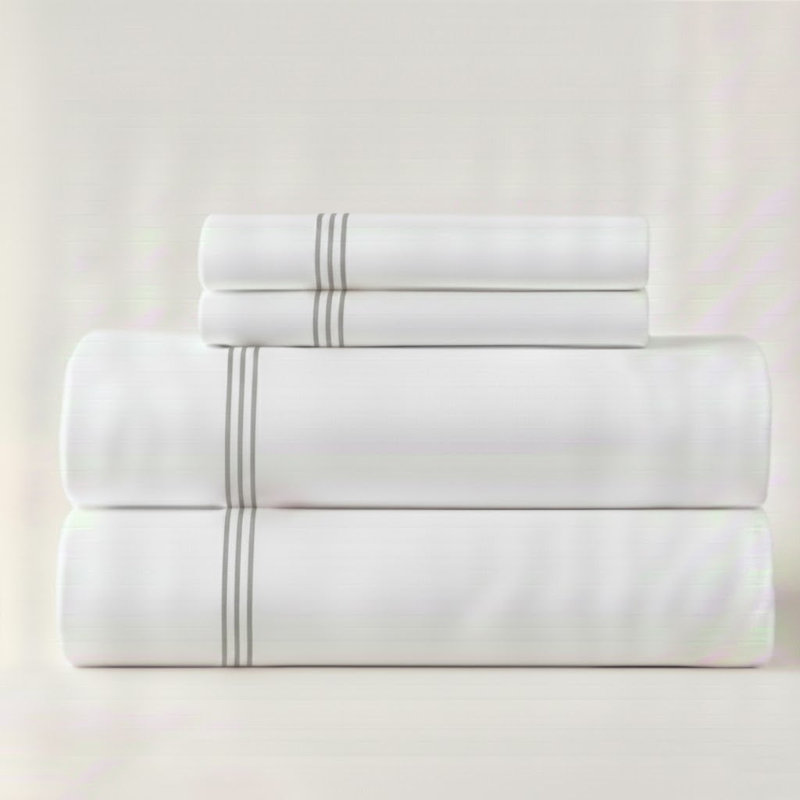 500TC Cotton Triple Embroidery Sateen Solid Cotton 4 Piece Sheet Set Fitted Sheet Fits Upto 16" Deep Pocket