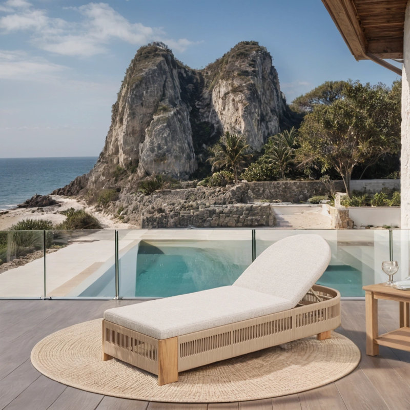 Chaise longue en bois d'acacia - Dossier réglable avec coussin résistant à l'eau - Chaise longue de piscine et de patio