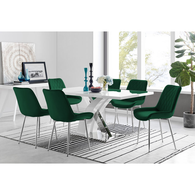 Edzard Chrome & White High Gloss Dining Table Set with 6 Luxury Velvet Dining Chairs, Green/Silver