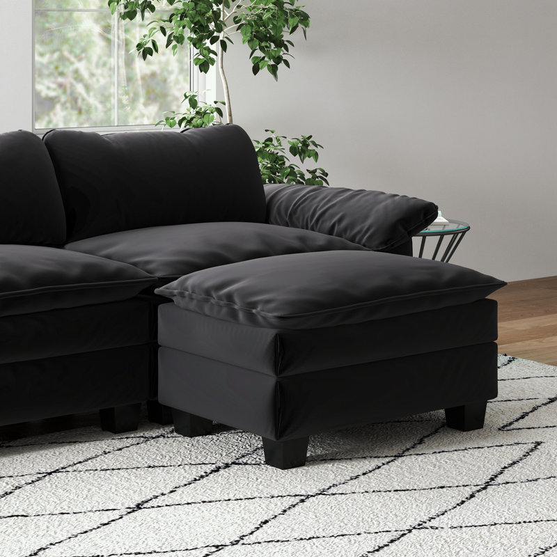 Velvet Upholstered Sectional Sofa with Ottoman, Black