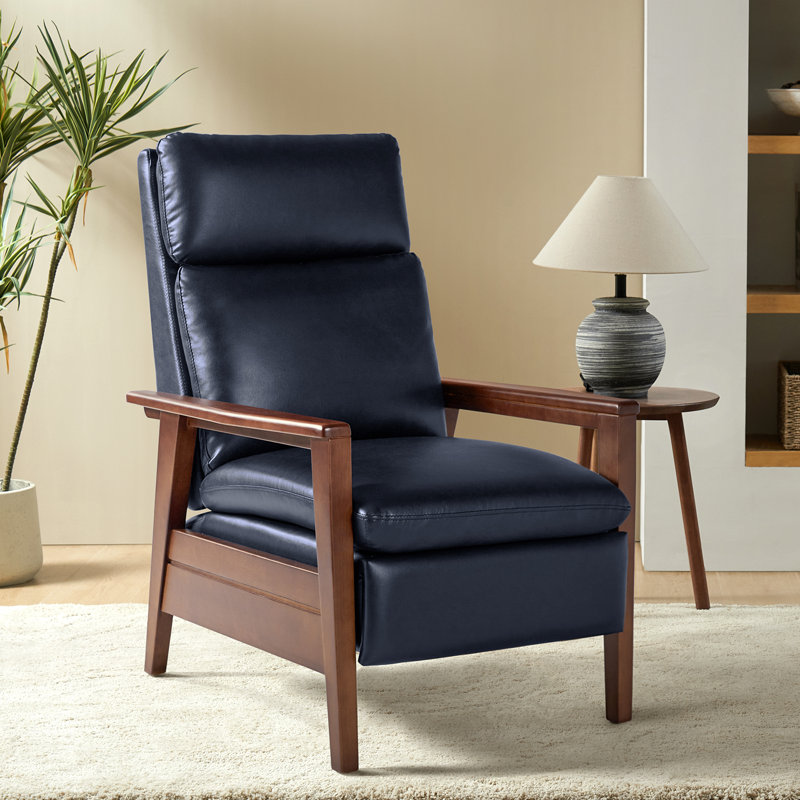 Honorato Mid-Century Modern Vegan Leather Recliner with Solid Wood Frame, Navy Faux Leather