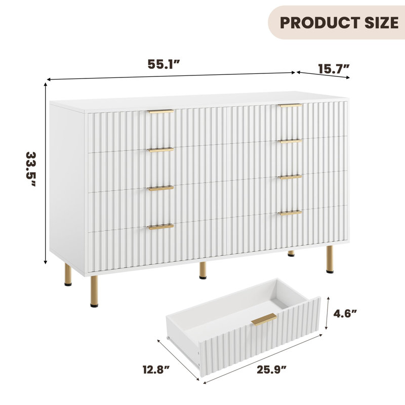  Commode 8 tiroirs de 54 po de largeur, conception cannelée moderne, grande commode double pour chambre à coucher, rangement dans le salon, organisateur de console de télévision