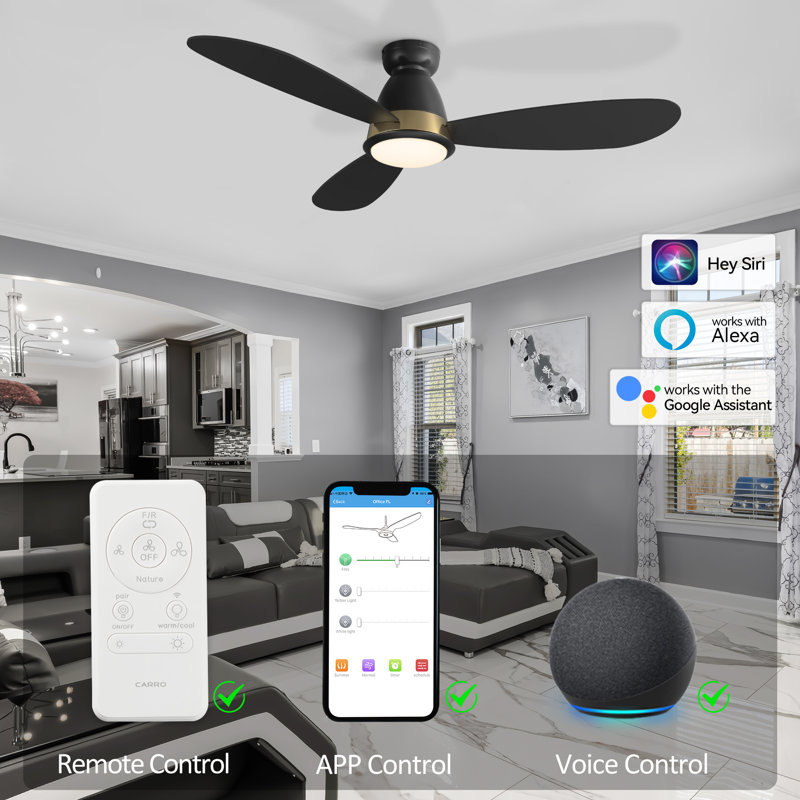Ventilateur de plafond encastré à DEL à 3 pales 52 po avec lumière, Noir