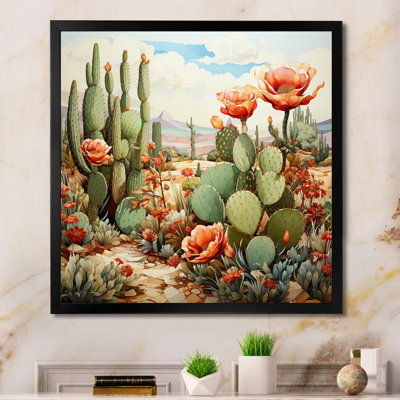 Coral Green Cactus Desert Blooms Pointillism III - Cactus Wall Art for Living Room