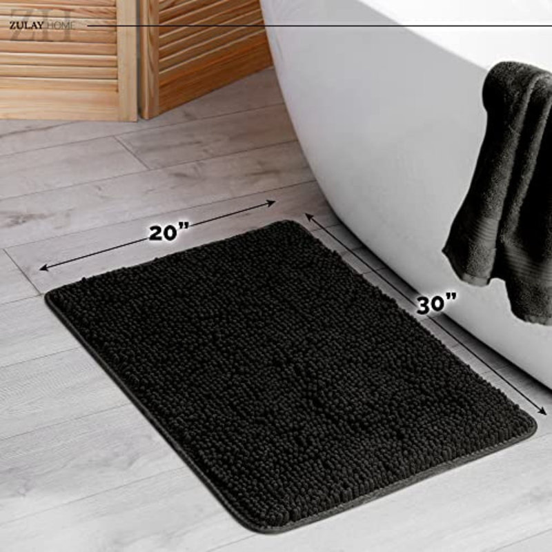 Zulay Home Soft Shaggy Bathroom Rug - Ultra Absorbent Bath Mats For Bathroom Non Slip Carpet - Microfiber Thick Bath Rugs For Bathroom, Under The Sink, Bedroom, Shower (Black, 20"X30")