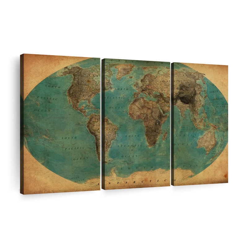 Ensemble de 3 pièces de carte du monde rétro sur toile, H 48 po x l 74 po x P 1,25 po
