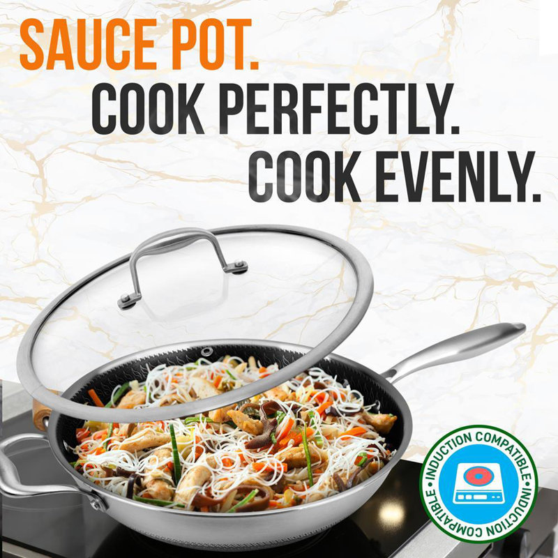 NutriChef 12-Inch Stainless Steel Nonstick Wok with Glass Lid