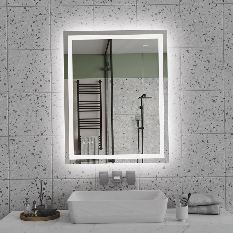 Miroir de salle de bain à DEL, éclairé à l'avant et à l'arrière, gradable en continu, 3 couleurs CRI90 +, mémoire de luminosité, incassable, miroir de salle de bain à DEL antibuée, imperméable IP44