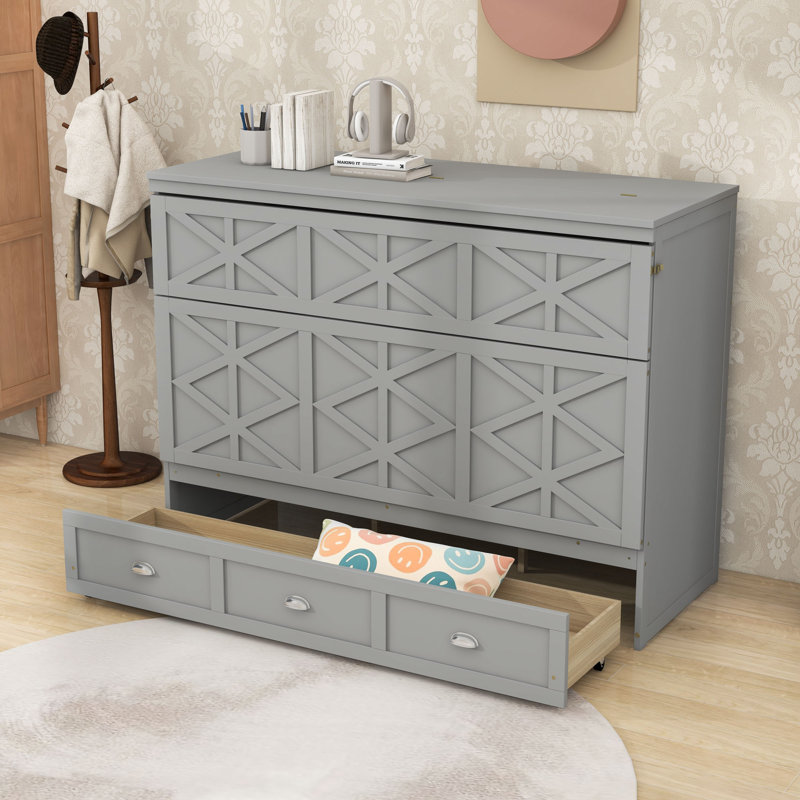 Lit escamotable avec ports USB, prises et tiroirs de rangement, gris
