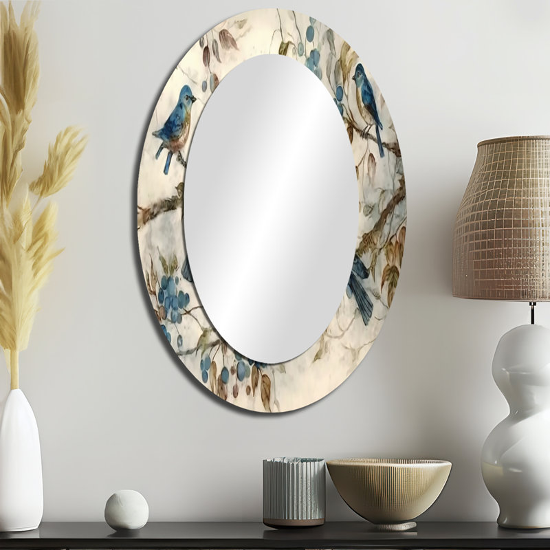 Quatre oiseaux bleus rétro sur une branche IV - animaux miroir décoratif ovale sur métal, 36 po x 24 po