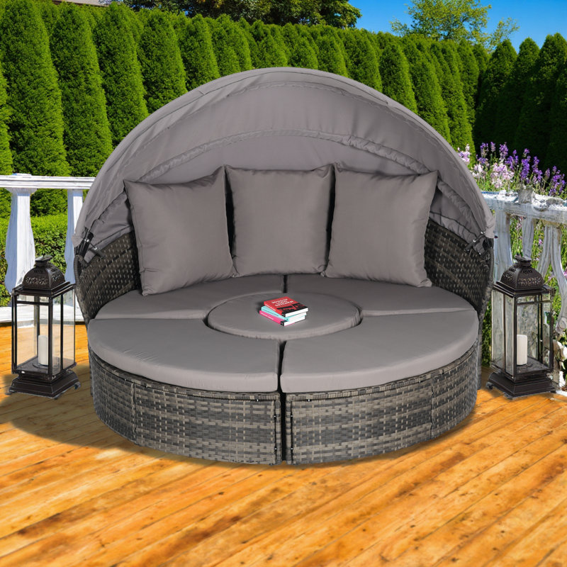 All-Weather 5-Piece Outdoor Daybed Conversation Sets with Retractable Canopy and Hidden Table, Dark Grey