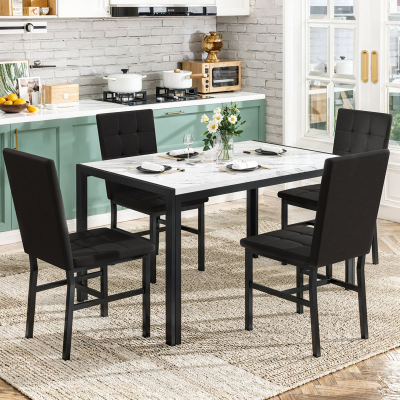 5-Piece Dining Room Table Set, Faux Marble Kitchen Table And Chairs Set with 4 Upholstered Chair for Kitchen, Dining Room, Cafe