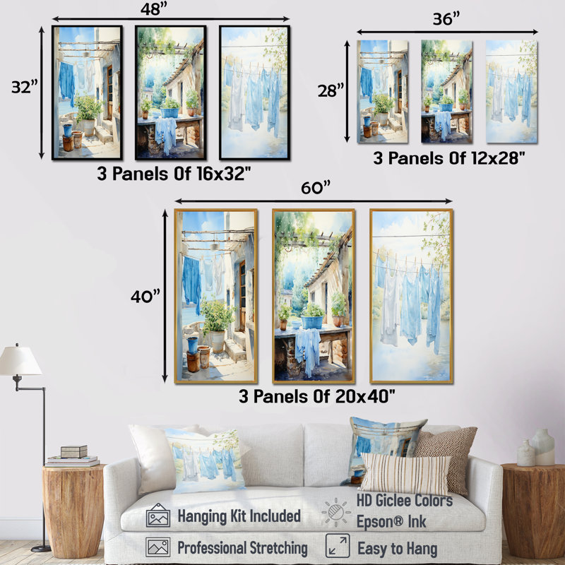 Ensemble de 3 toiles en Wash Wash Blues In Provence I, Cadre flottant blanc, H 28 po x l 36 po