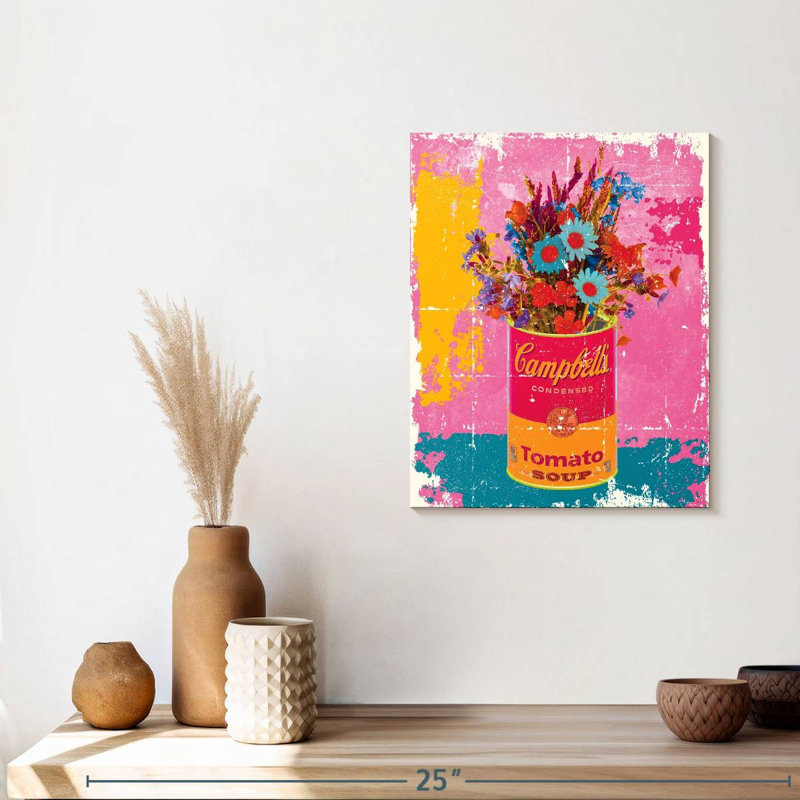 Fleurs sur pot de soupe sur toile, H 15 po x l 12 po x P 1,25 po